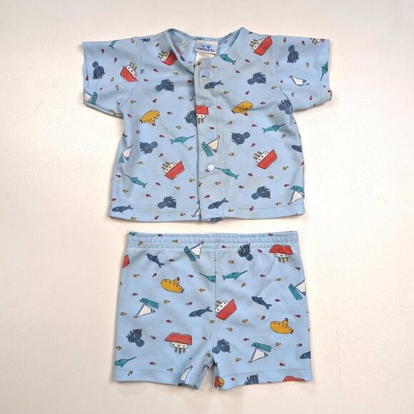 Vintage Carter's Pajamas Baby Boys Sz 6-12m Blue Sailboat Nautical Shorts Set - Picture 1 of 4